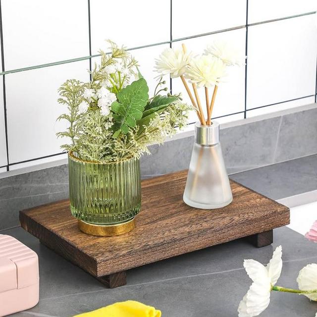 Nuogo Wood Riser Tray Soap, Stand Soap Tray for Kitchen Sink, Wood Pedestal for Kitchen Counter Sink Stand Decorative Rustic Bathroom Dishes for Plant Bottles Candles Display (Brown, 9 x 6 Inch)