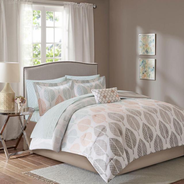 Madison Park Essentials Central Park 9-Piece Queen Reversible Comforter Set in Coral/Green
