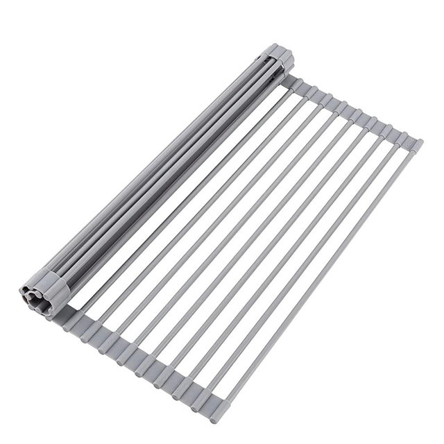 Roll Up Dish Drying Rack - Silicone Coated Stainless Steel, Over The Sink, Foldable, Heat-Resistant, Anti-Slip, Dish Drainer. (17" x 12.5")