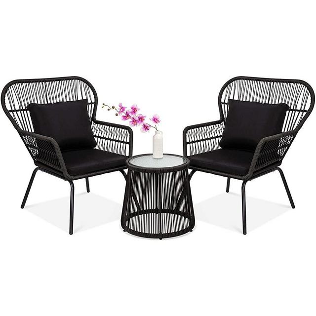 Best Choice Products 3-Piece Outdoor All-Weather Wicker Conversation Bistro Furniture Set w/ 2 Chairs and Glass Top Side Table, Black