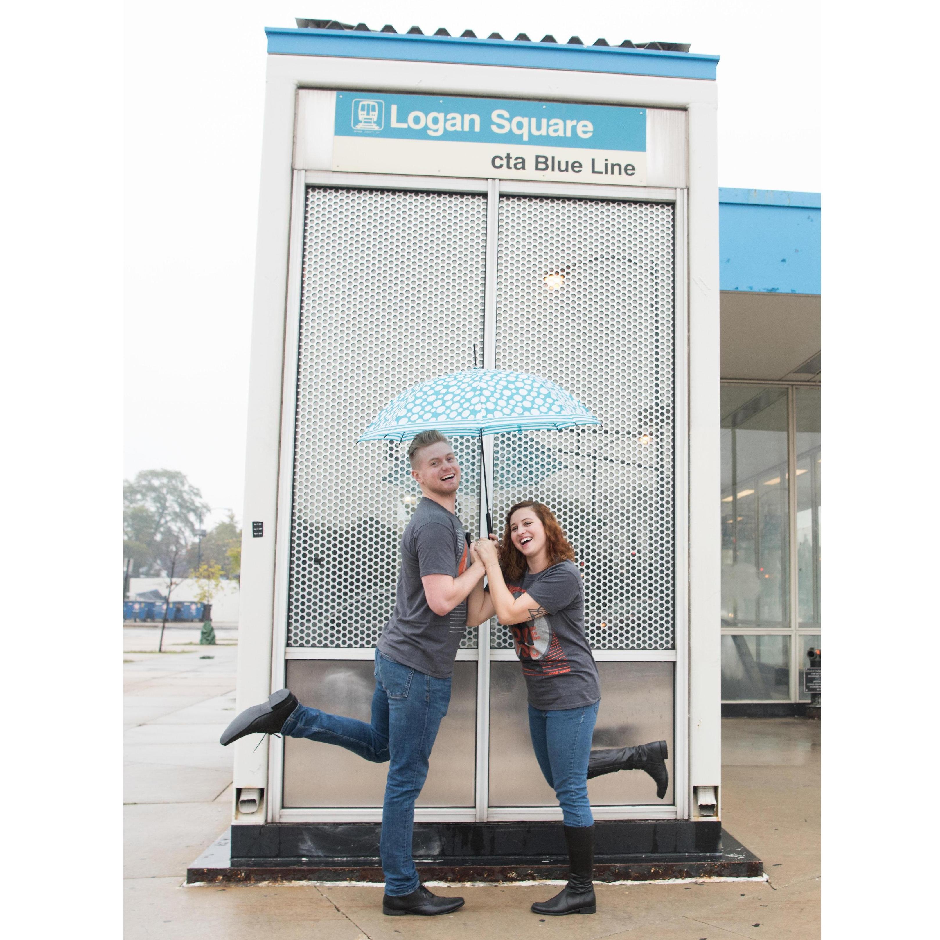 Engagement photo in front of our train stop. Logan Sqaure is for Lovers.