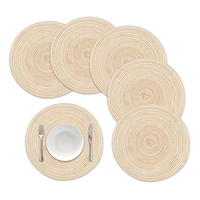 famibay Round Placemats, Round Braided Place Mats for Dining Table Heat Insulation Table Mats for Kitchen 15 inches(Beige,Set of 6)