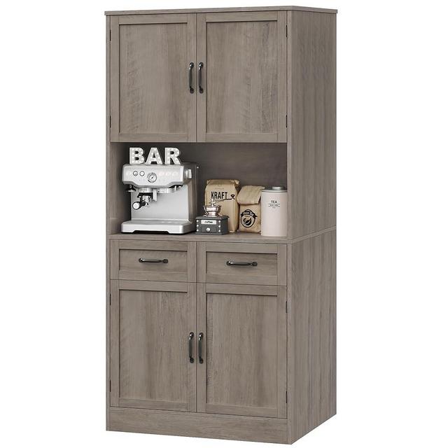 HOSTACK 71“ Tall Kitchen Pantry Storage Cabinet, Modern Kitchen Hutch Bar Cabinet with Microwave Stand, Wood Buffet Sideboard with Hutch, Cupboard with Drawers, Shelves for Dining Room, Ash Gray
