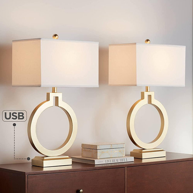 Modern Contemporary Table Lamps 28.5" Tall Set of 2 with USB Charging Port Brushed Gold Open Ring White Rectangular Shade for Living Room Bedroom House Bedside Nightstand Home - 360 Lighting