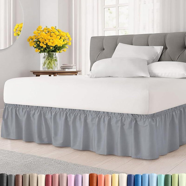 Wrap Around Dust Ruffle Bed Skirt - Steel Blue - for Queen Size Beds w/ 15 Inch Drop - Easy Fit Elastic Strap - Adjustable Pleated Bedskirt w/Brushed Fabric - Wrinkle Free, Women, Men, Kids & Teens