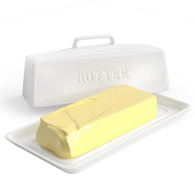 PriorityChef Ceramic Butter Dish with Lid for Countertop, Butter Keeper for Counter or Fridge, Covered Butter Tray Holder For Butter Storage, Holds 1 Stick, White