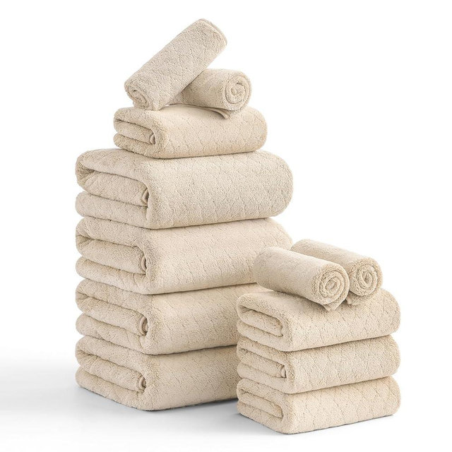 Luxury Bath Towels Set - 12 Piece (4 Large Bath Towels,4 Hand Towels,4 Washcloths), 100% Microfiber,Extra Absorbent Super Soft & Quick Dry,Complete Family Pack for Bathroom Gym Pool,Camel