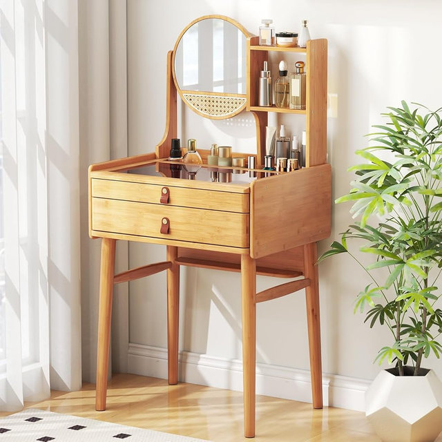 GOFLAME Bamboo Vanity Table with Adjustable Mirror, Small Makeup Vanity with Storage Drawers, Hutch Shelves, Glass Top, Rustic Compact Dressing Table for Bedroom, Small Spaces, Natural