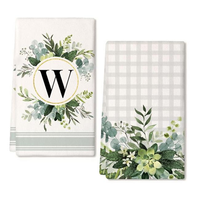 GEEORY Monogram Letter W Kitchen Towels for Home Decor Eucalyptus Leaves Family Last Name Initial Dish Towels 18x26 Inch Ultra Absorbent Bar Drying Cloth Hand Towel Bathroom Decorations Set of 2