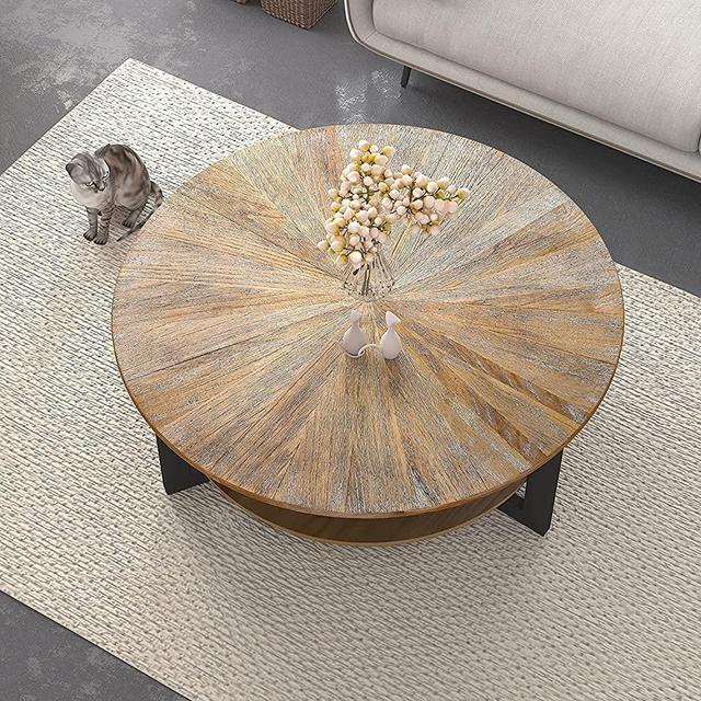 MCPRST Industrial Round Solid Wood Coffee Table for Living Room, Wooden Surface top & Sturdy Metal Legs, Industrial Style Cocktail Table, Easy to Install, Wood Round Cocktail Table