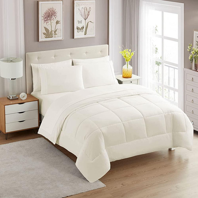 Sweet Home Collection 7 Piece Comforter Set Bag Solid Color All Season Soft Down Alternative Blanket & Luxurious Microfiber Bed Sheets, Ivory, Queen