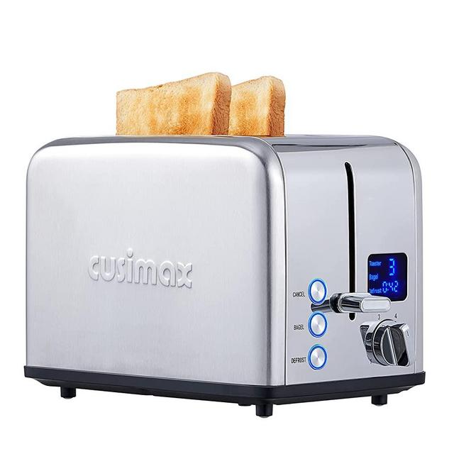 Toaster 2 Slice, CUSIMAX Stainless Steel Toaster with Large LED Display, Bread Toaster 1.5'' Extra-wide Slots with 6 Browning Settings, Cancel/Bagel/Defrost Function, Removable Crumb Tray, Silver