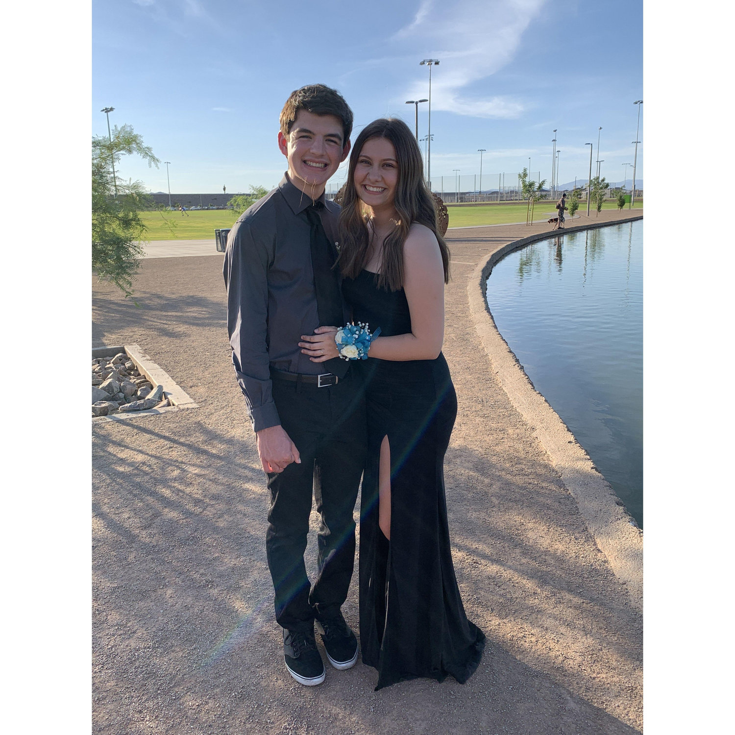 Our first prom was cancelled due to Covid so we threw an at home Prom, dressed up, and took pictures together!
