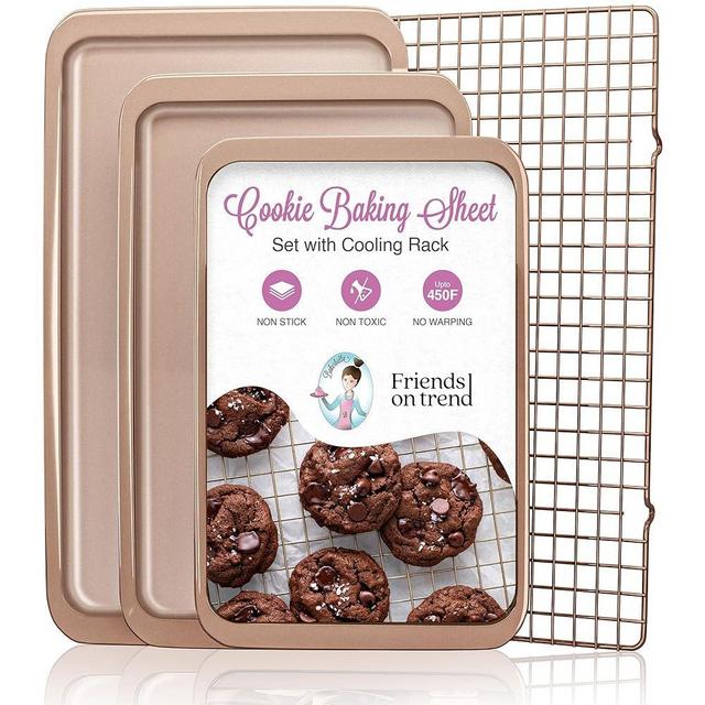 3 Cookie Sheets for Baking + Cooling Rack, Non Stick Baking Sheet Set with Cookie Cooling Rack - Half/Quarter/Jelly Roll Pan with Wire Rack, Sheet Pan Set of 3, Non Toxic Baking Sheets for Oven.