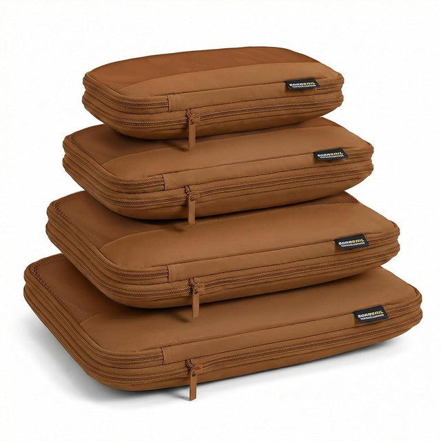 SOARSAIL 4 Piece Compression Packing Cubes for 3–7 Day Travel, Lightweight Travel Organizers with Breathable Mesh, Double-Zipper Packing Cubes for Carry-On & Suitcases (Light Brown)