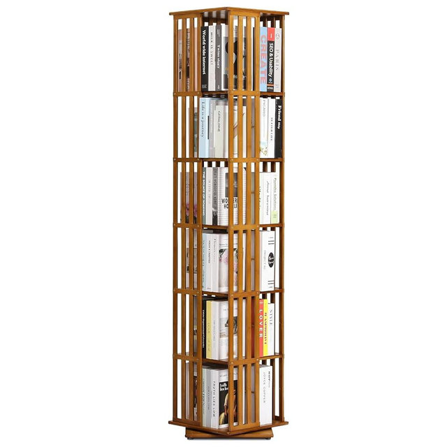SFIHOME Bamboo Rotating Bookcase 6-Tierd Rotating Bookshelf Tower for Storage, Revolving Floor Standing Book Shelves 360 Degree Spinning Bookshelf for Living Room, Bedroom, Office and Library