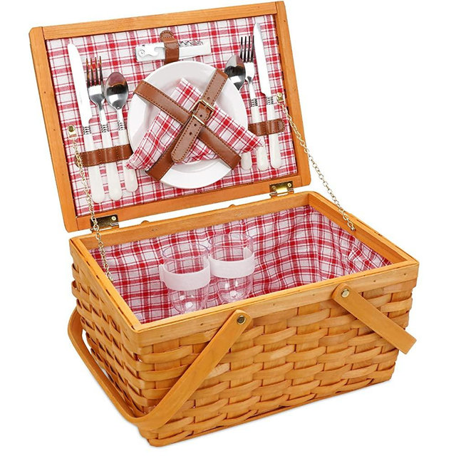 Picnic Basket Set for 2 Persons, Woven Woodchip Basket with Folding Handles & Lid, Red and White Gingham Lining Basket Set with Utensils Cutlery - Perfect for Picnic, Camping, Valentine Day, Outdoor