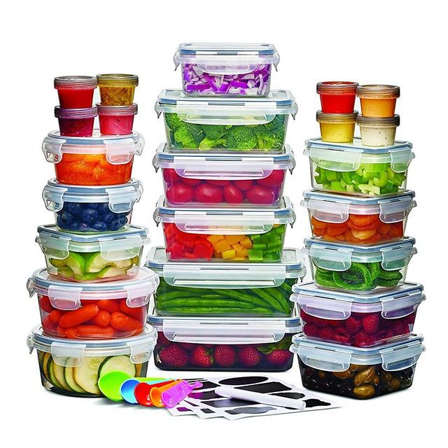 24 Pack Airtight Food Storage Container Set - BPA Free Clear Plastic Kitchen and Pantry Organization Meal Prep Lunch Container with Durable Leak Proof Lids - Labels, Marker & Spoon Set