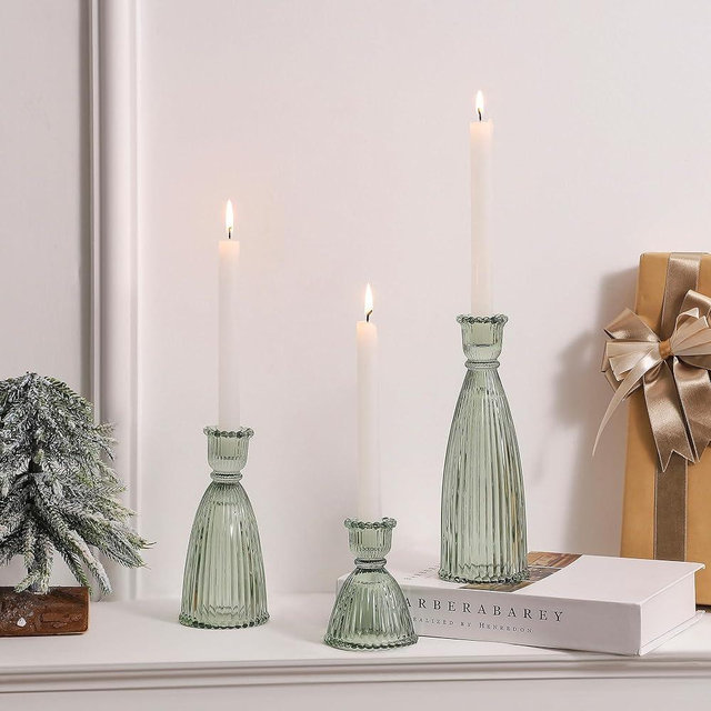 Joyfice Vertical Stripe Candlestick Holders Set of 3, Premium Glass Candle Holders for Candlesticks and Taper Candles, Vintage Candle Holder Decor for Table Centerpiece, Green