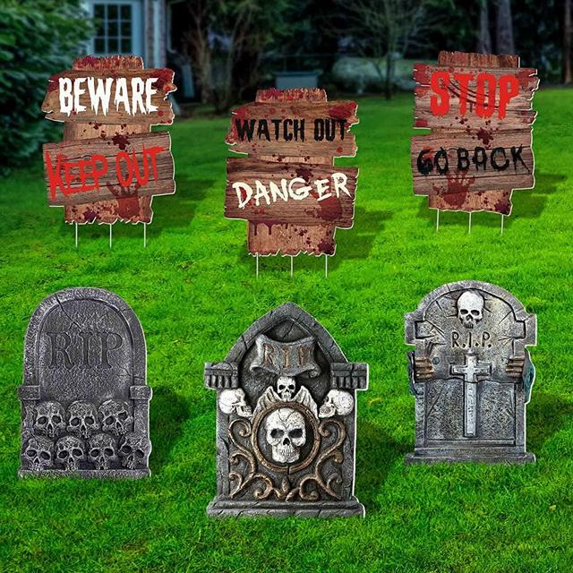 6PCS Halloween Outdoor Decorations Tombstone Yard Signs Stakes Props, New-Design Outdoor Scary Halloween Lawn Yard Sign decor, Nightmare Halloween Decorations Clearance (15" x 12")