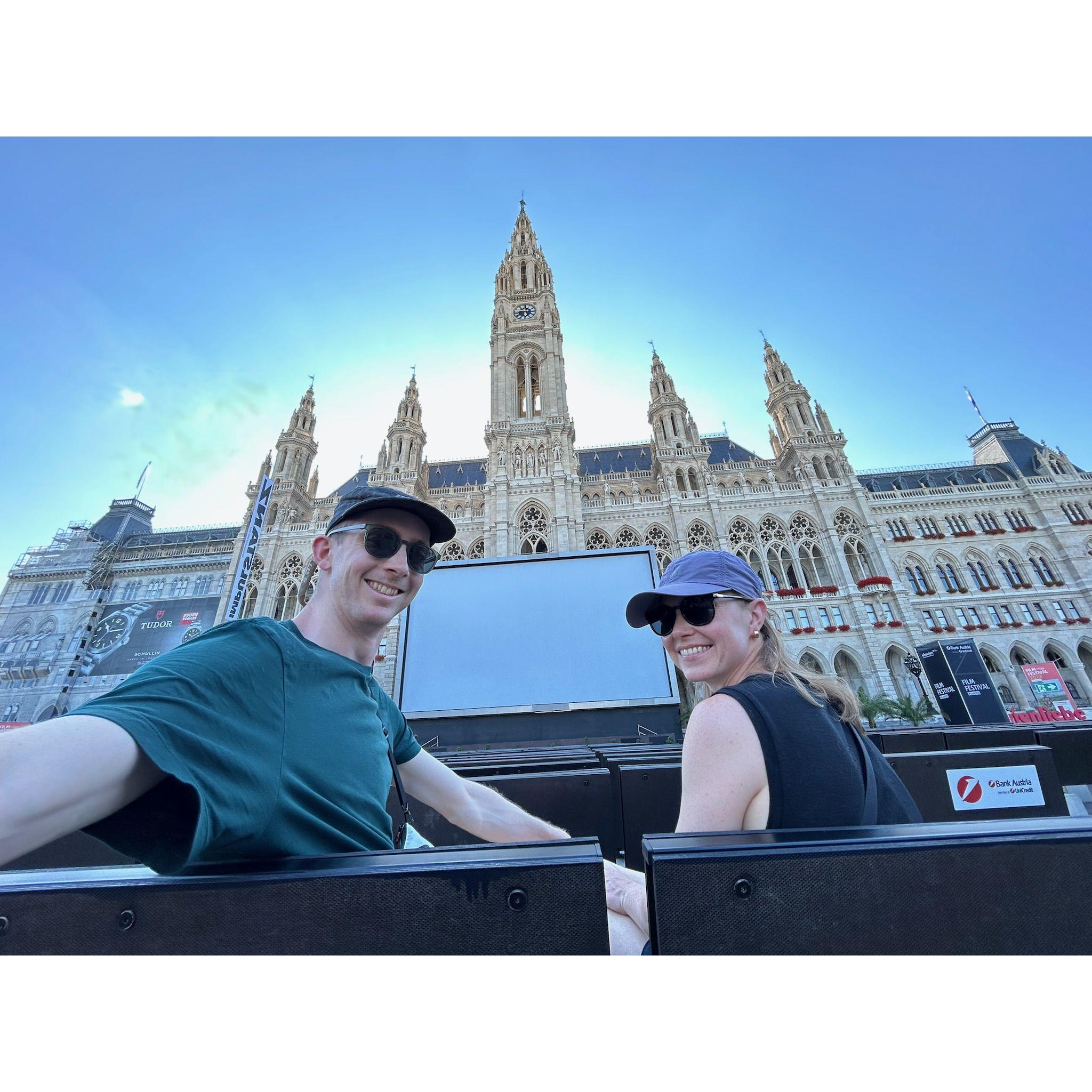 We got a lot of selfie practice traveling in Europe in the summer of 2023 (Vienna Rathausplatz)