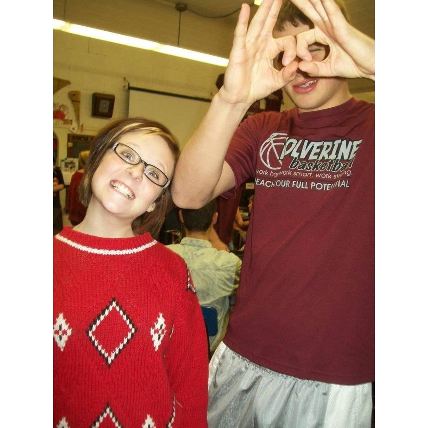 Goofing around during band practice. As a drummer, Jenny got to sit behind Eric, who played the tuba.