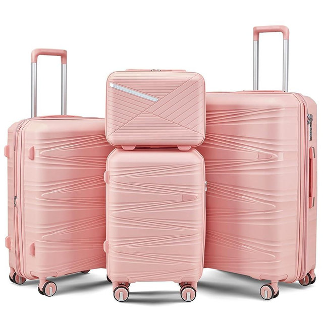 TRAVELEO 4-Piece Expandable Hardshell Luggage Set with TSA Lock (14/20/24/28) - Lightweight PP Suitcases, 360° Silent Spinner Wheels and Durable 100LB Handle for Air Travel (Pink)