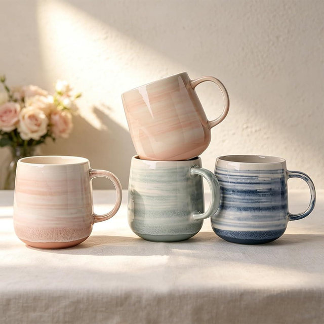 ALOFMO Coffee Mugs Set of 4, 12 oz Mugs Set, Ceramic Coffee Cups with Large Handles, Pastel Gradient & Striped Designs， Dishwasher and Microwave Safe Mugs for Coffee, Tea, Milk