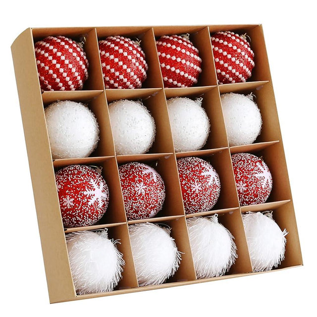 Christmas Tree Ball Ornament Set 16pcs 80mm/3.15inch Red White Glittering Shatterproof Foam Christmas Ball Ornaments Xmas Tree Decor Holiday Decoration