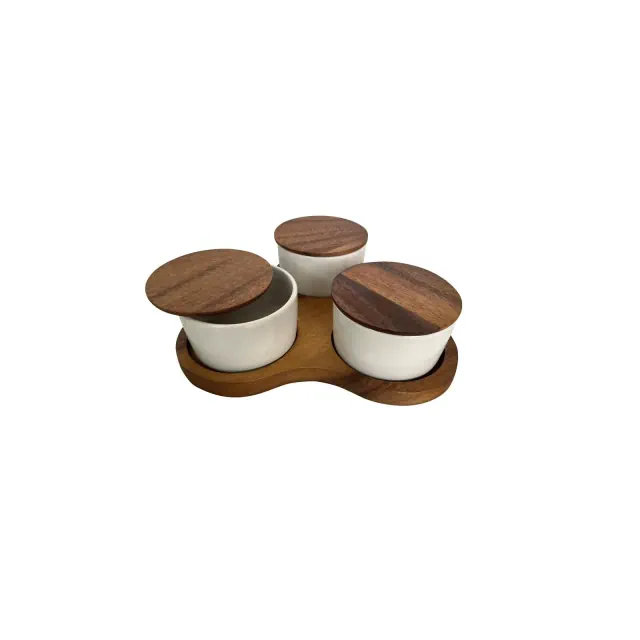 Kalmar Home Acacia WoodTriangular Serving Set with 3 White Ceramic Dishes