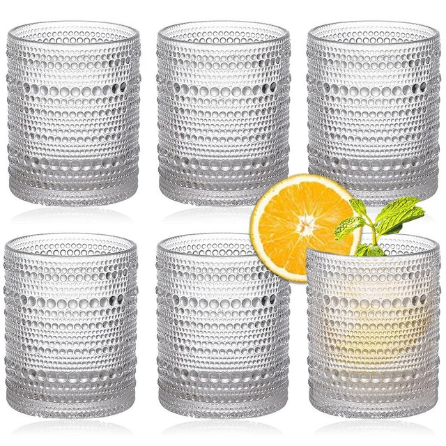 Cheardia 6 Pack Drinking Glasses, 13 oz Vintage Hobnail Drinking Glasses Embossed Water Glassware Set, Clear Bubble Cups for Beverages, Water, Juice, Beer, Cocktail