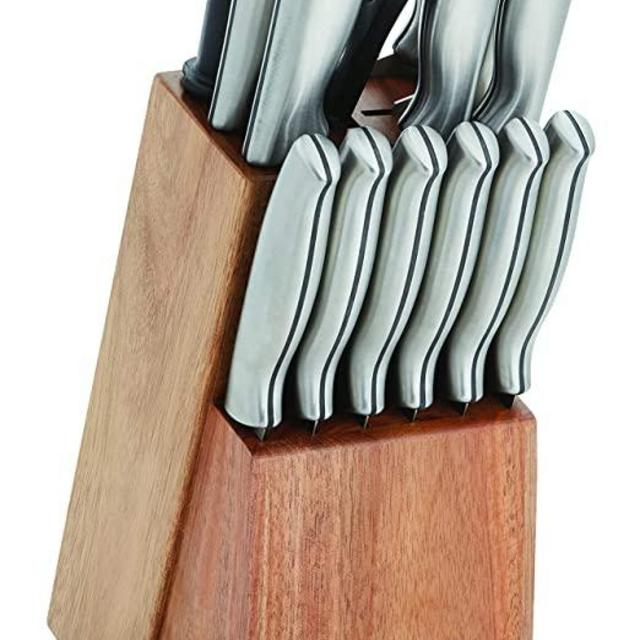 Farberware High-Carbon Stamped Stainless Steel Knife Block Set, 15-Piece, Acacia Wood