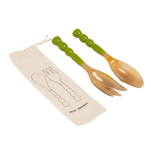 Creative Co-Op 2-pcs Natural Horn Salad Server Set with Marbled Resin Handles, Green