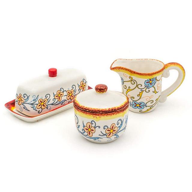 Euro Ceramica DUO-86310 Duomo Collection Servingware, 3-Piece Breakfast Table Necessities Set, Gold and Cream