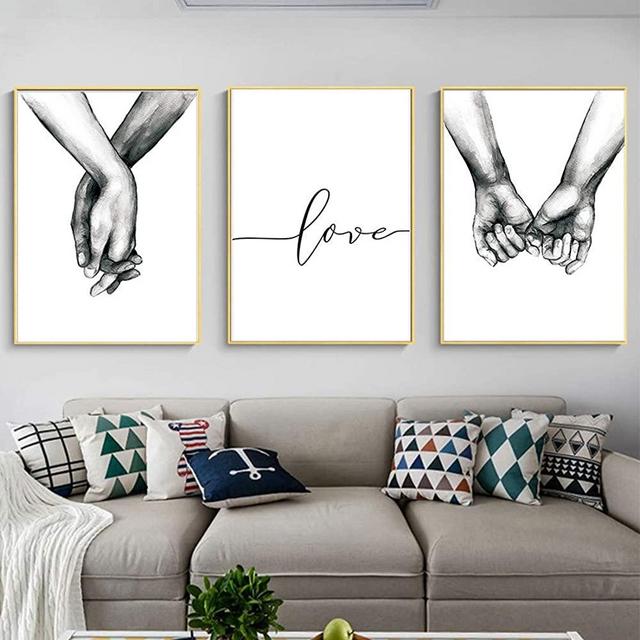 VIIRY 3 Pcs Hand in Hand Wall Art Canvas Print Poster Black and White Art Deco Painting Hand Painted Texture Canvas Living Room Bedroom Study Painting for Home Decorations(Unframed,12x16 inches)