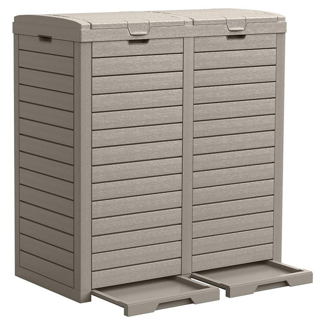 DWVO 76 Gallon Outdoor Resin Trash Can with Dual Lid and Drip Trays, 248 Quart Hideaway Garbage Bin for Porch, Backyard, Deck, Patio, Poolside, Easy Maintenance, 30.7''L x 16.3''W x 33.9''H (Taupe)