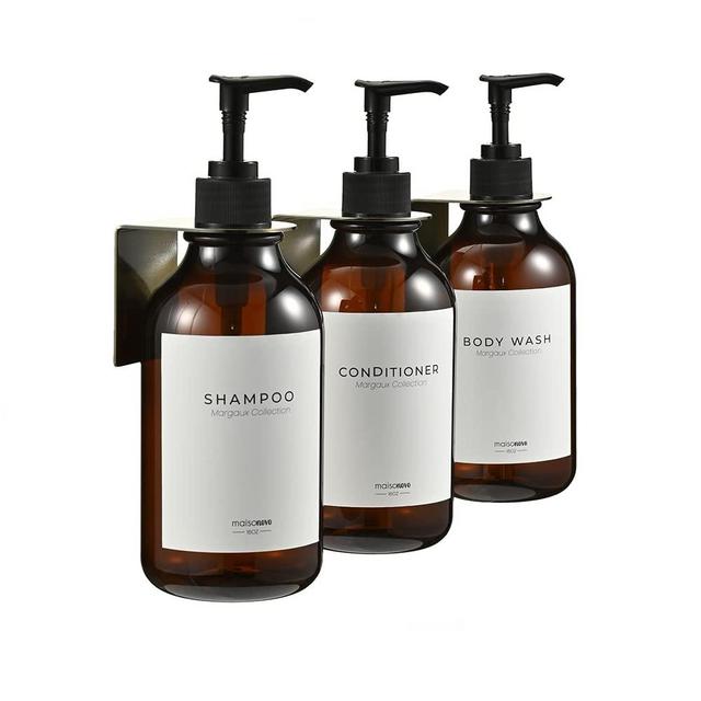 MaisoNovo Shampoo Dispenser for Shower Wall 3 Chamber - Drill Free Shower Soap Dispenser Wall Mount with Waterproof Marguax Labels | 3 Amber Plastic Bottles 3 Gold Wall Mounts