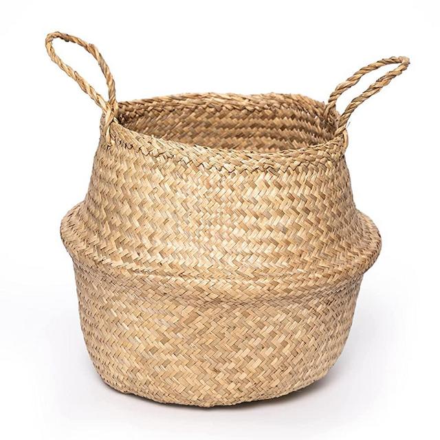 Seagrass Plant Basket, Seaweed Basket for Plant Pot, Hand Woven Belly Basket with Handles for Laundry, Picnic, Grocery Basket (Medium)