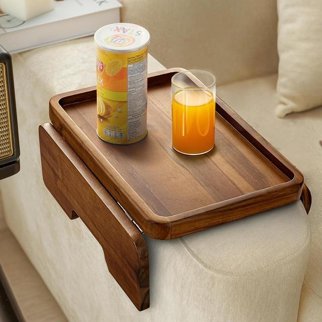 HOLANA Acacia Wood Sofa Armrest Tray -Double Hinge Sofa Arm Tray Table Clip - Couch Arm Table - Wooden Side Tables for Small Spaces for Eating and Drink (Classic, Acacia)