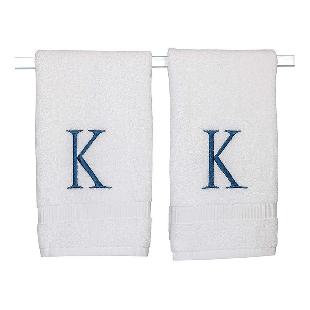 Decorvo Monogrammed Hand Towels for Bathroom - Luxury Hotel Quality Personalized Initial Decorative Embroidered Bath Towel for Powder Room, Spa - GOTS Organic Certified - Set of 2 Navy Letter K