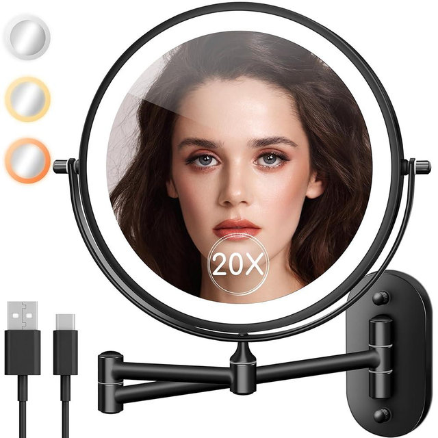 Wall Mounted Makeup Mirror with Light, 20X/1X 8'' Double Sided LED Magnifying Bathroom Lighted Vanity Mirror with Magnification, 3 Color Light up Touch Dimmable Extended Arm 360 Rotation