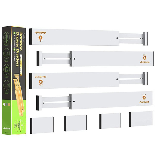 ANTOWIN Bamboo Drawer Dividers Organizers, Drawer Separators Splitter,17-22 inches Long Adjustable Spring-loaded Organizer for Large Utensil, Clothes, Tools Drawers (White)