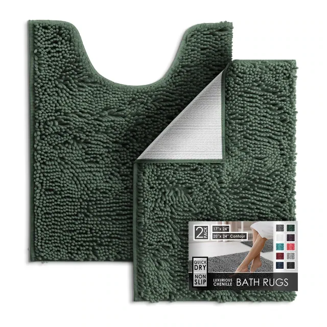 Hearth & Harbor Bathroom Rugs, 2 Piece Chenille Bath Mat Set - Hunter Green Contour Bath Rug, 17x24-20x26