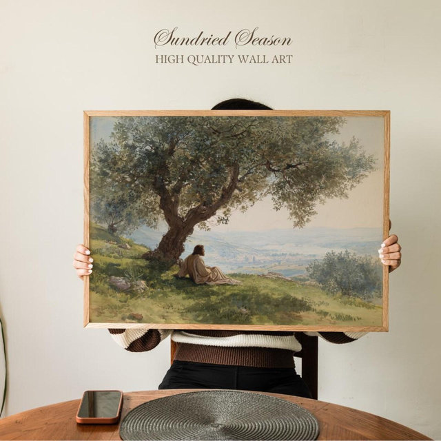 Christ Under Olive Tree Print, Peaceful Jesus in Countryside Faith Art, Inspirational Christian Wall Decor for Home, Office or Prayer Corner
