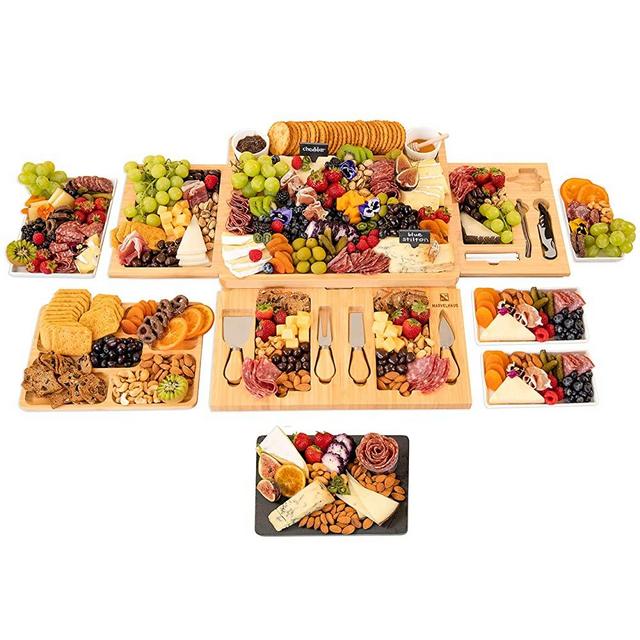 MARVELHAUS Large Cheese Board Set - with 21 Piece Accessories: Knife Set, Ceramic Plates, Stone Slate and More. Patent-Pending, Multifunction Swivel Design Bamboo Charcuterie Board and Cheese Platter