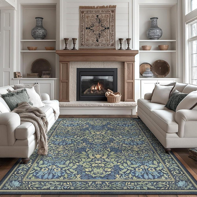 Bavni Floral Dark Blue Area Rugs 8x10, Vintage Boho Carpet Machine Washable, Non Slip Soft Low Pile Thin Rug for Bedroom, Living Room, Dining Room, Nursery