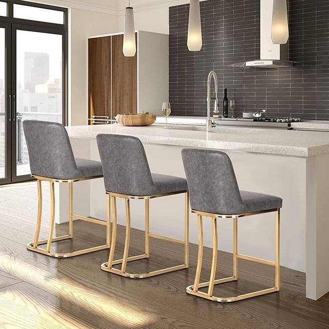 MAISON ARTS Counter Height Bar Stools Set of 3 with Back for Kitchen Counter 24 inch Modern Gold Barstools Upholstered Faux Leather Farmhouse Bar Chairs Island Stools Support 330LBS, Grey+Gold