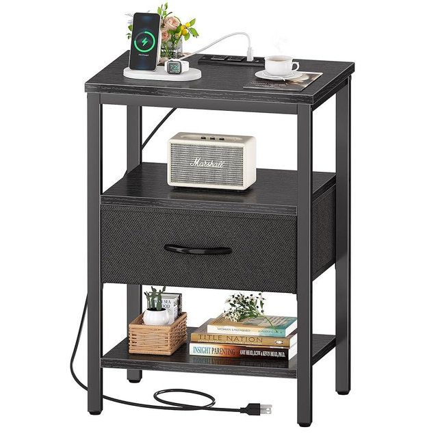 SUPERJARE Nightstand with Charging Station, Bed Side Table with Adjustable Fabric Drawer, Night Stand for Bedroom, 3-Tier Storage End Table, for Living Room - Black