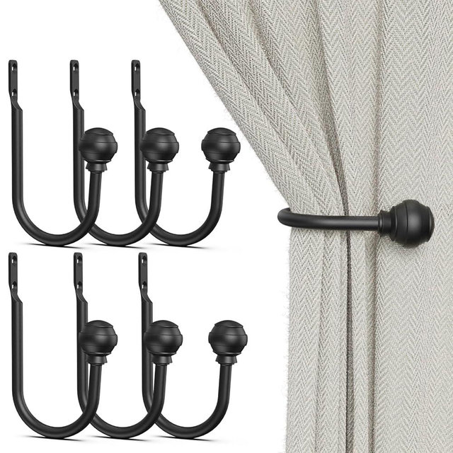 Hion Curtain Holdbacks Black 6pcs, Curtain Tiebacks Wall Mounted Curtain Hooks Holders for Drapes