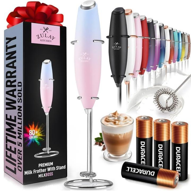 Zulay Powerful Milk Frother (4 Duracell Batteries Included) - Handheld Milk Frother Wand Drink Mixer for Coffee - Powerful Milk Foamer for Cappuccino, Frappe, Matcha & Coffee Creamer - Lavender Blush